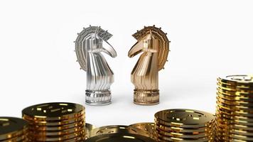 ouro prata cavaleiro xadrez e moedas renderização em 3d foto