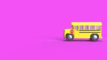 ônibus escolar amarelo em fundo roxo renderização em 3d para conteúdo escolar foto