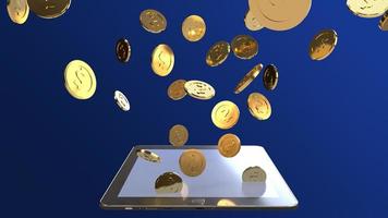 renderização em 3d de tablet e moeda de ouro para conteúdo de negócios. foto