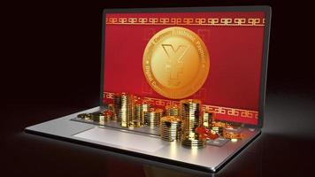 o símbolo yuan em moedas de ouro e renderização em 3d notebook para a china digital foto