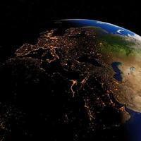 dia e noite no planeta terra visto do espaço e mostrando as luzes da europa. renderização 3D. elementos desta imagem fornecidos pela nasa foto