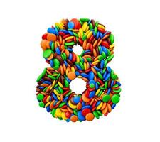 dígito 8 de doces de arco-íris multicoloridos festivos isolados em ilustração 3d de oito letras de fundo branco foto
