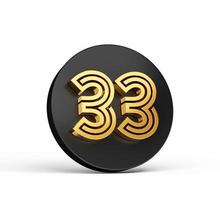 fonte moderna de ouro real. letra de dígito 3d elite 33 trinta e três no ícone de botão 3d preto ilustração 3d