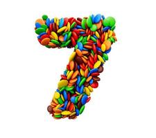 dígito 7 de doces multicoloridos do arco-íris festivos isolados na ilustração 3d de sete letras de fundo branco foto