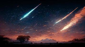 trilhas de estrelas de meteoros na fantasia de fundo do céu noturno, estilo de arte digital, design de ilustração foto