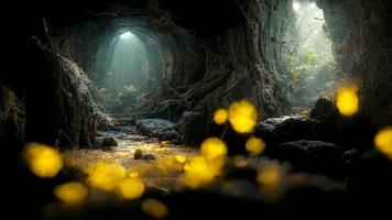 luz dramática na paisagem da caverna escura com vaga-lumes, arte digital misteriosa e surreal foto