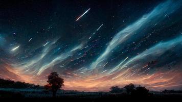 trilhas de estrelas de meteoros abstratas e aurora na fantasia de fundo do céu noturno, estilo de arte digital, design de ilustração