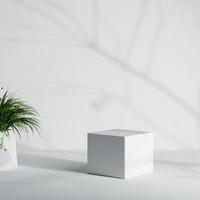 pódio de produto mínimo branco com planta de casa e tronco de árvore e folhas de fundo de sombra. renderização de ilustração 3D foto
