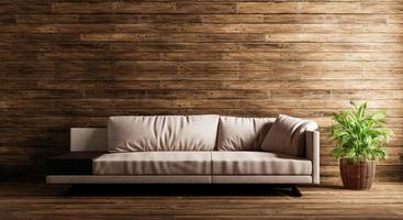 sofá bege aconchegante no fundo da casa de madeira com planta. arquitetura e conceito de interiores. renderização de ilustração 3D foto