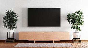 tv acima do armário de madeira na moderna sala vazia com tapete de plantas em fundo de madeira. tema de estilo japonês. arquitetura e conceito de interiores. renderização de ilustração 3D foto
