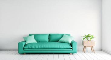 sofá verde com mesa de plantas na parede branca vazia no fundo da sala. arquitetura e interiores. renderização de ilustração 3D