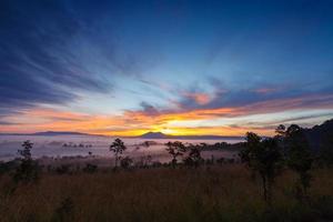 amanhecer enevoado no parque nacional thung salang luang phetchabun, tailândia foto