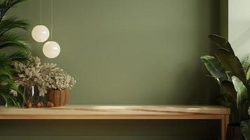 painéis de parede verde com prateleira de madeira na sala da cozinha. foto