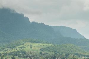 belas paisagens montanhosas, floresta e neblina foto