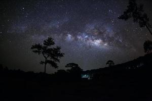 via láctea e silhueta de árvore no parque nacional de phu hin rong kla, phitsanulok tailândia, fotografia de longa exposição. com grão foto