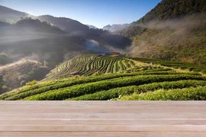 tampo de mesa de madeira no fundo de plantação de chá desfocado - pode ser usado para exibir seus produtos foto