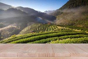 tampo de mesa de madeira no fundo de plantação de chá desfocado - pode ser usado para exibir seus produtos foto