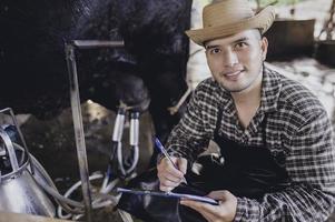 agricultor asiático trabalha em uma fazenda leiteira rural fora da cidade, jovens com vaca foto