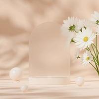 maquete de pódio branco modelo de renderização 3D na praça com flor margarida, esfera e vidro turva foto
