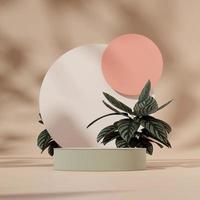 Pódio verde modelo de renderização 3D na praça com círculo rosa branco e calathea listra rosa foto