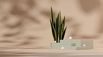 3D render modelo pódio verde na paisagem com esfera branca, planta de cobra e fundo bronzeado foto
