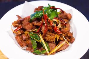 carne de porco seca ao sol frito é um aperitivo na comida tailandesa. é uma tira de porco misturada com erva tailandesa e seca ao sol até ficar semi-seca e frita.