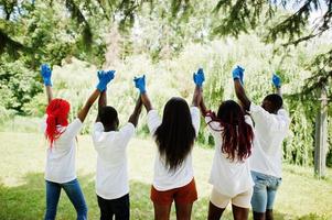 parte traseira do grupo feliz voluntários africanos de mãos dadas no parque. áfrica voluntariado, caridade, pessoas e conceito de ecologia. foto