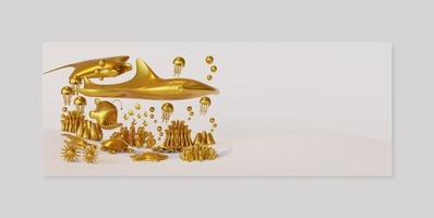 modelo de banner do dia mundial do oceano com composição de ouro de ilustração de renderização 3d de animais marinhos foto