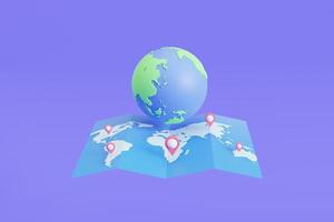 desenhos animados do globo do mapa do mundo. conceito de design criativo de ícones de navegação. ilustração 3D foto