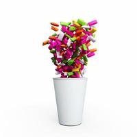 goma colorida saindo de um recipiente de copo isolado em doces brancos derramados ilustração 3d foto