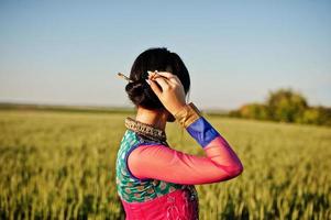 tenra garota indiana em saree, com lábios violeta compõem posou no campo no pôr do sol. modelo elegante da índia. foto