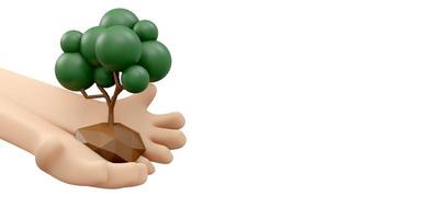 renderização 3D da mão segurando o conceito de ícone de árvore do fundo do dia mundial do meio ambiente, banner, cartão, pôster. 3D rendem o estilo dos desenhos animados de ilustração. foto