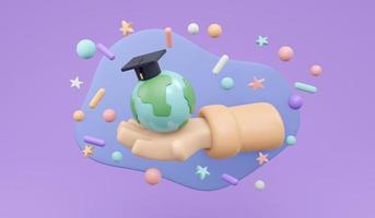 renderização 3D da mão segurando a terra com chapéu de formatura no conceito de educação mundial global on-line em fundo roxo. 3D rendem o estilo dos desenhos animados de ilustração. foto