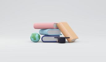 renderização 3D de livros e ícone global. modelo para plano de fundo, banner, cartão, pôster com conceito de inscrição de texto de educação. 3D rendem o estilo dos desenhos animados de ilustração. foto