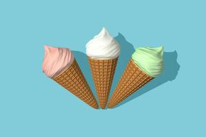 três cones de renderização 3d de sorvete multicolorido. sorvete rosa, branco e verde com sombra são isolados em um fundo azul. conceito de verão. foto