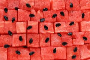 melancia vermelha em cubos disposta em fileiras uniformes, sementes pretas estão espalhadas por cima. pedaços de frutas frescas suculentas dispostas em padrão geométrico de fundo sem emenda. lugar para o seu texto. foto