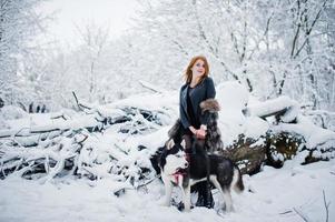 garota ruiva andando no parque com cachorro husky em dia de inverno. foto