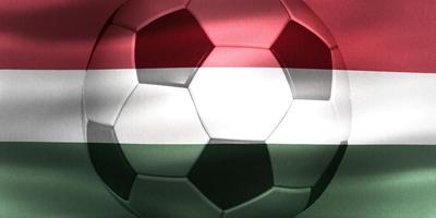 ilustração 3D de uma bandeira da Hungria com uma bola de futebol se movendo ao vento foto