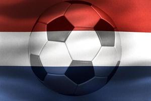 ilustração 3D de uma bandeira da Holanda com uma bola de futebol se movendo ao vento foto