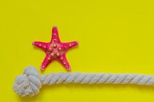 estrela do mar vermelha e nó de corda em fundo amarelo brilhante com espaço de cópia. férias de verão e conceito de férias foto
