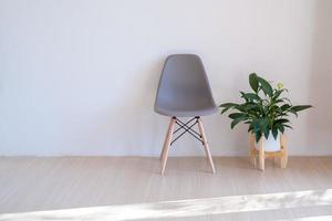cadeiras cinzentas e plantas verdes no piso de madeira em uma sala mínima. foto
