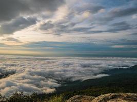lindo céu do nascer do sol com o mar da névoa de neblina da manhã na montanha khao luang no parque nacional de ramkhamhaeng, província de sukhothai tailândia foto