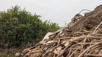 vistas de ângulo baixo olhando através do feno de ervas daninhas para montes com concreto perto de arbustos. foto