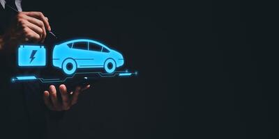 escolher um veículo elétrico. escolha do carro elétrico. apontando para o símbolo na máquina de carregamento. tecnologia virtual de produção de carros elétricos ou realidade aumentada ou metaverso de realidade virtual vr foto