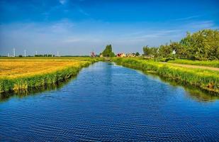 paisagem holandesa com um canal e campos de grama com reflexo de espelho foto
