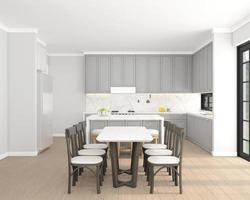 sala de cozinha com balcão de bar e mesa de jantar tons de cinza e branco claros em design decorativo. foto
