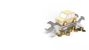 o brinquedo de madeira do carro e as moedas de ouro da chave na renderização 3d de fundo branco. foto