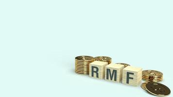 texto rmf em cubo de madeira e moedas renderização 3d para conteúdo de negócios. foto