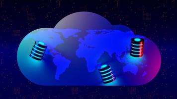 banco de dados múltiplo é colocado no mapa do mundo pontilhado digital em nuvem. conceito de uma rede de armazenamento de banco de dados em nuvem, banco de dados global. bancos de dados da rede. renderização 3D. foto