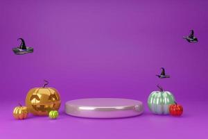 fundo de tema metálico roxo festa de halloween. 3d ilustração palco pódio amarelo abóbora e chapéu de bruxa foto